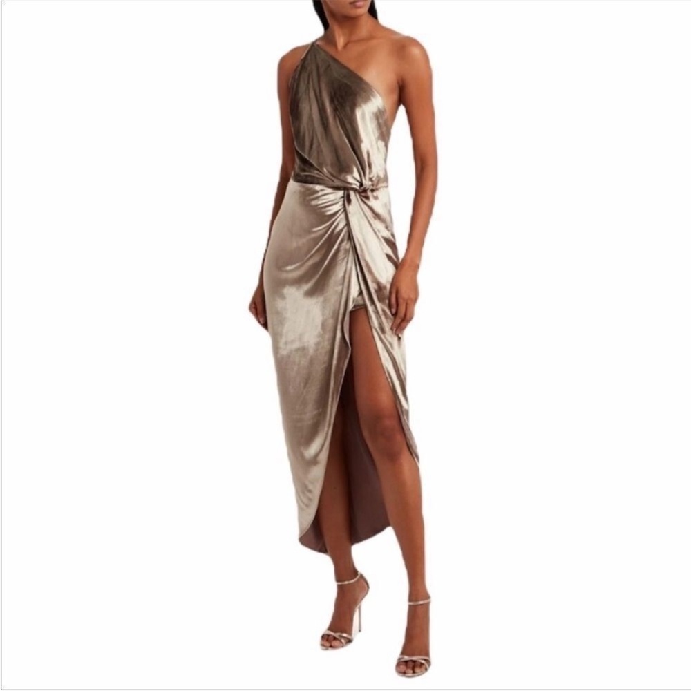 MICHELLE MASON Silk Velvet Asymmetrical One-Shoulder Midi Dress Gold 6 - Picture 4 of 16